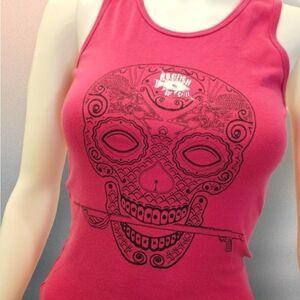Day of the Dead Bella Y2K Early 2000s Pink Racerback Tank Black Skull  - Size S